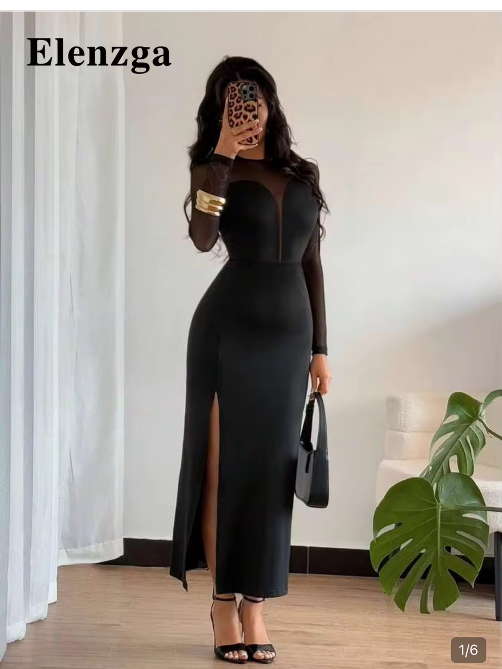 SHEIN Black Sheer-Mesh Long Sleeve Slit Maxi Dress